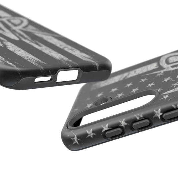 Patriotic monogram tough phone case featuring a distressed American flag design with the initials WR.