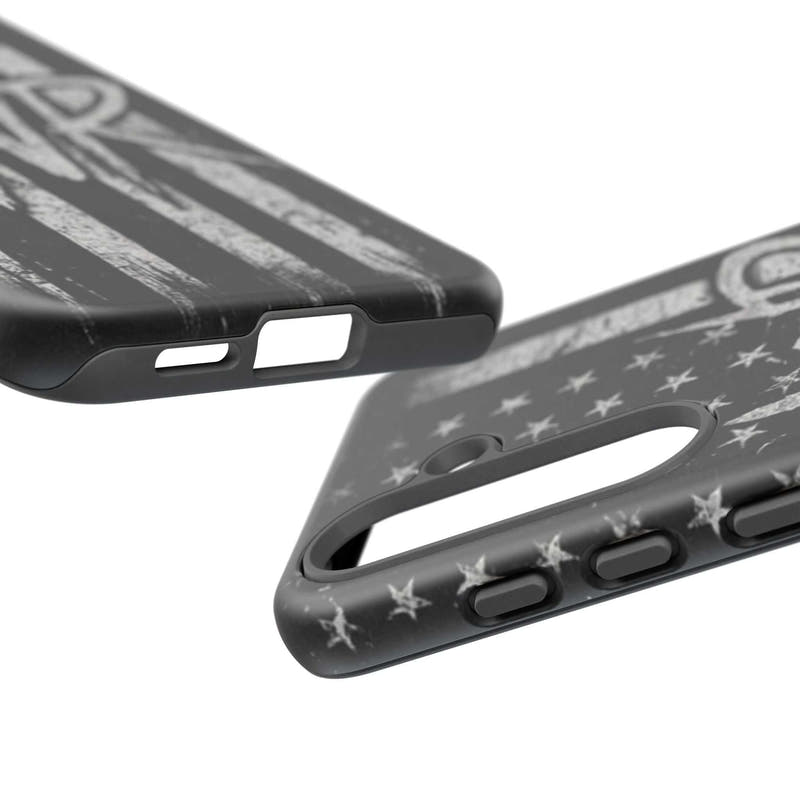 Patriotic monogram tough phone case featuring a distressed American flag design with the initials WR.