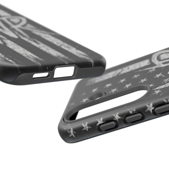 Patriotic monogram tough phone case featuring a distressed American flag design with the initials WR.