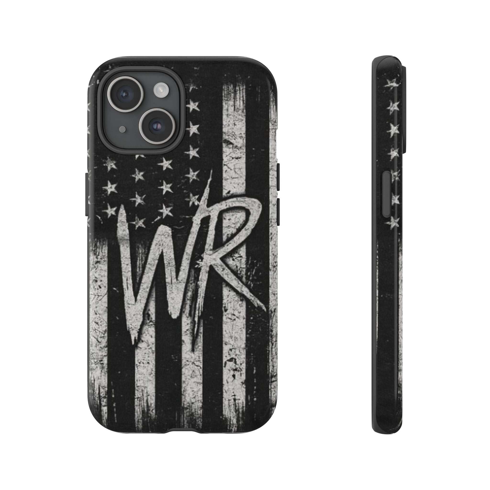 Distressed American flag phone case with WR monogram design by Printify, showcasing a tough protective style.