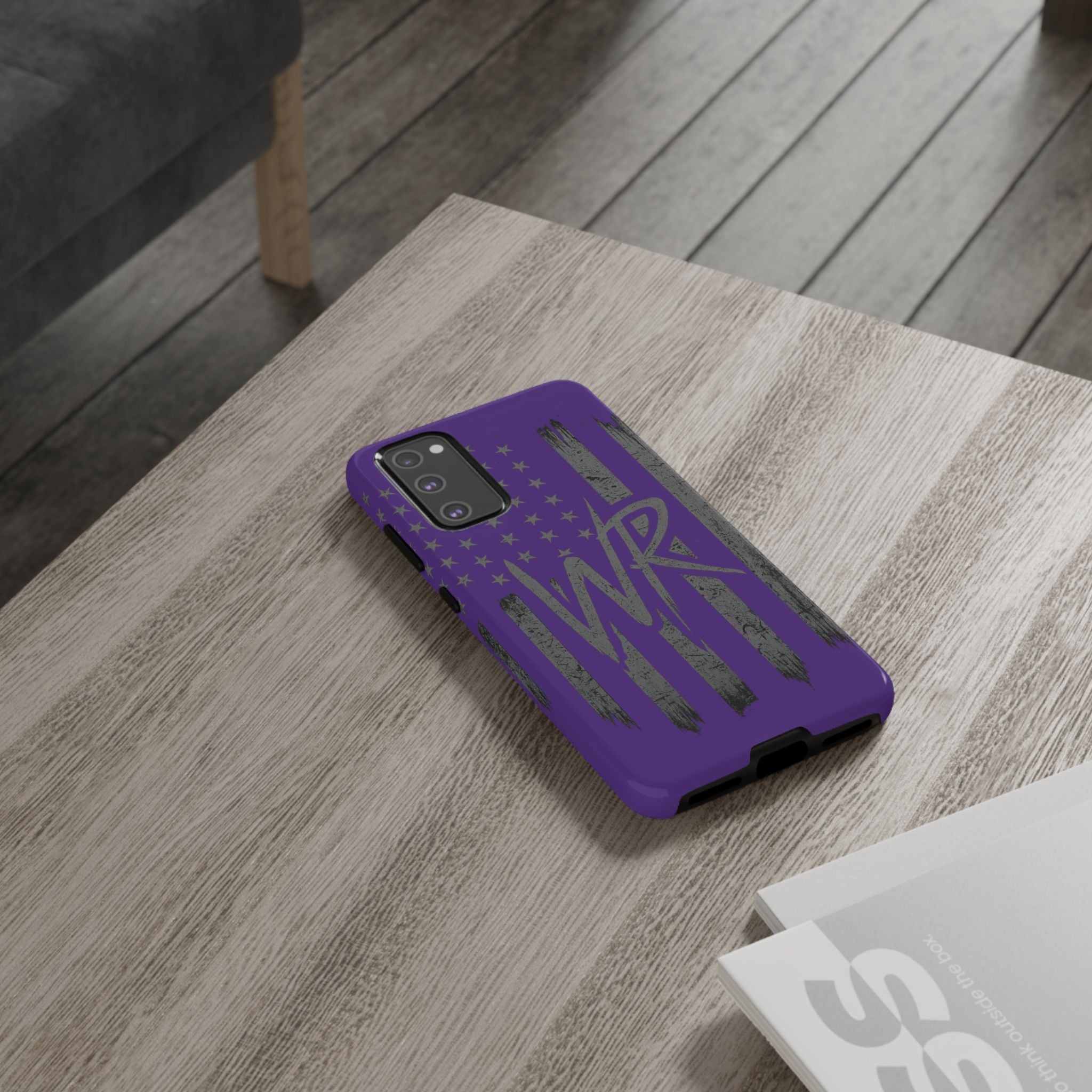 Purple 'WR' flag tough phone case by Printify, showcasing durable design and vibrant colors for protection and style.