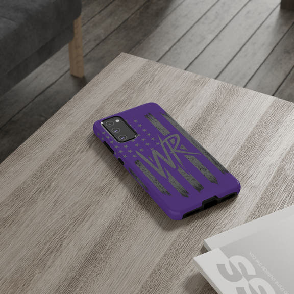 Purple 'WR' flag tough phone case by Printify, showcasing durable design and vibrant colors for protection and style.
