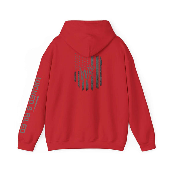 Distressed American logo on a Wicked & Riled Printify pullover hoodie in a casual, relaxed fit.