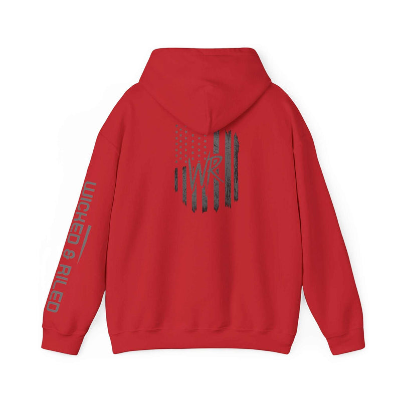 Distressed American logo on a Wicked & Riled Printify pullover hoodie in a casual, relaxed fit.