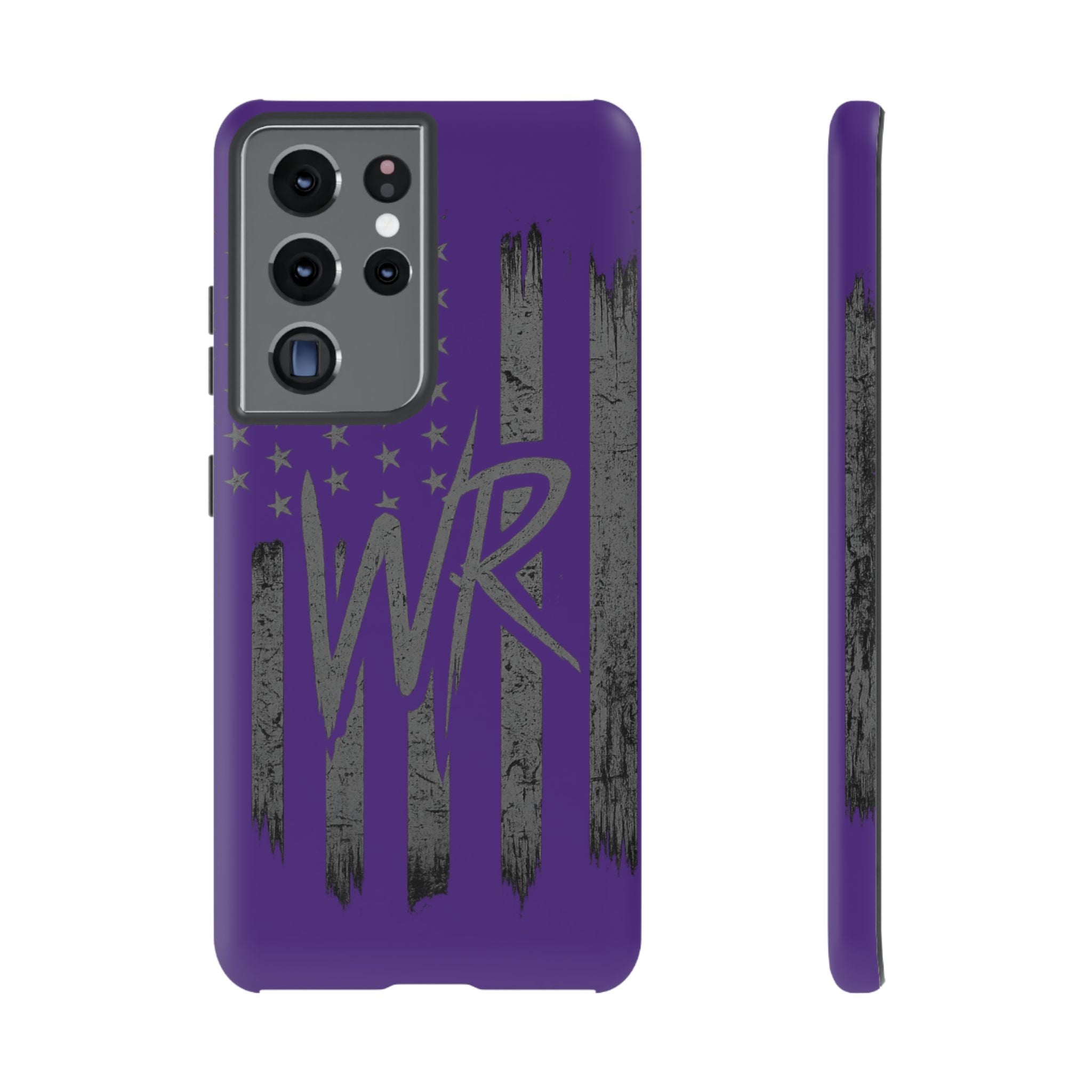 Purple 'WR' flag tough phone case by Printify, showcasing durable design and vibrant color for added protection.