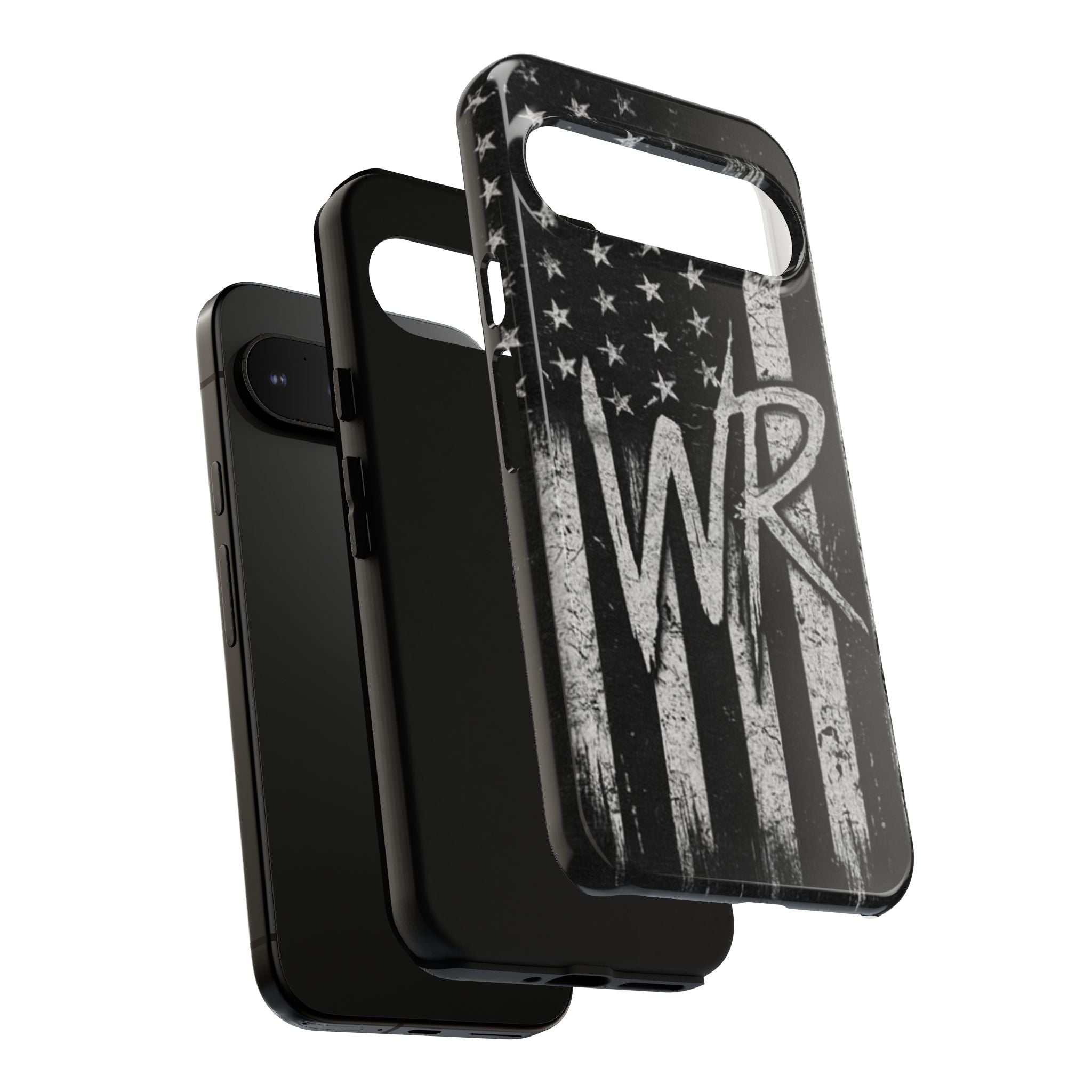 Distressed American flag design on a Patriotic Monogram Tough Phone Case featuring WR by Printify.