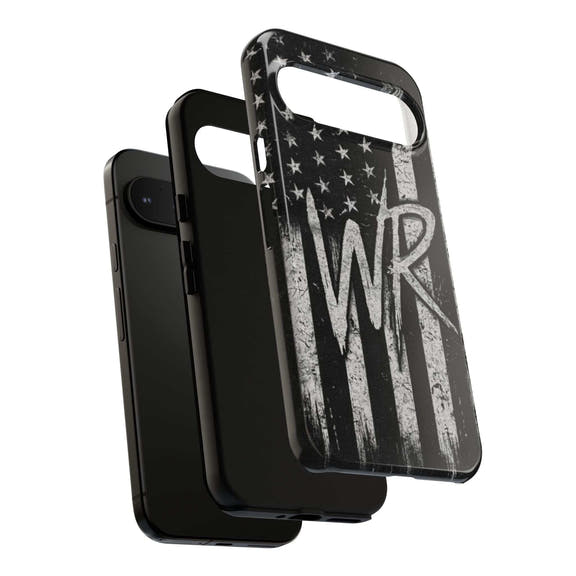 Distressed American flag design on a Patriotic Monogram Tough Phone Case featuring WR by Printify.