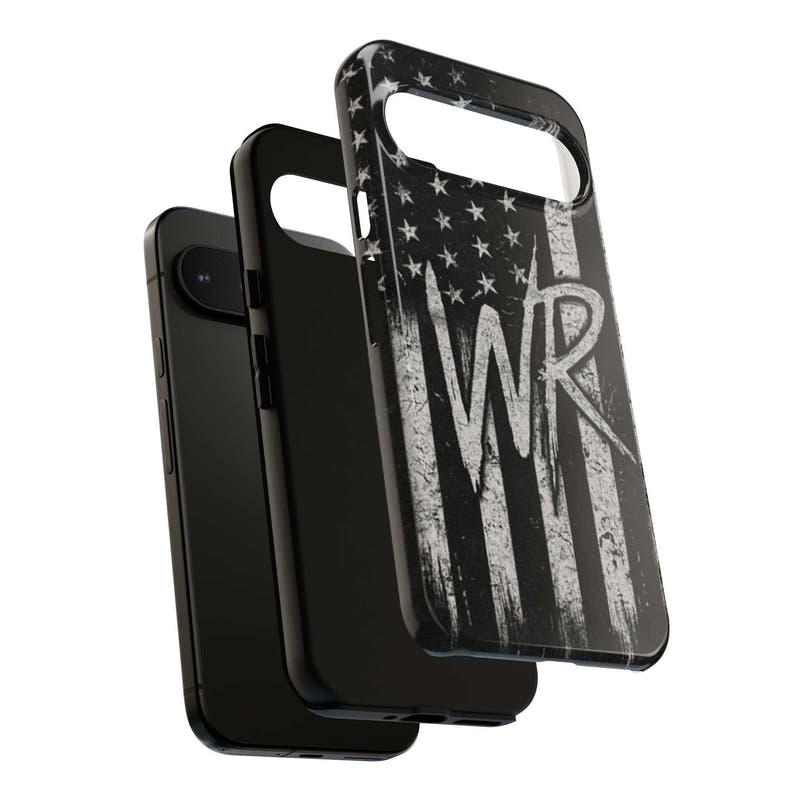 Distressed American flag design on a Patriotic Monogram Tough Phone Case featuring WR by Printify.