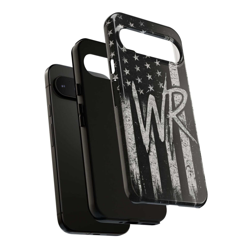 Distressed American flag design on a Patriotic Monogram Tough Phone Case featuring WR by Printify.