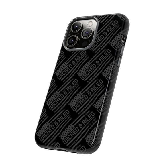 Rugged black protective phone case by Printify featuring a textured 'TOUGH CASES' pattern for enhanced grip and durability.