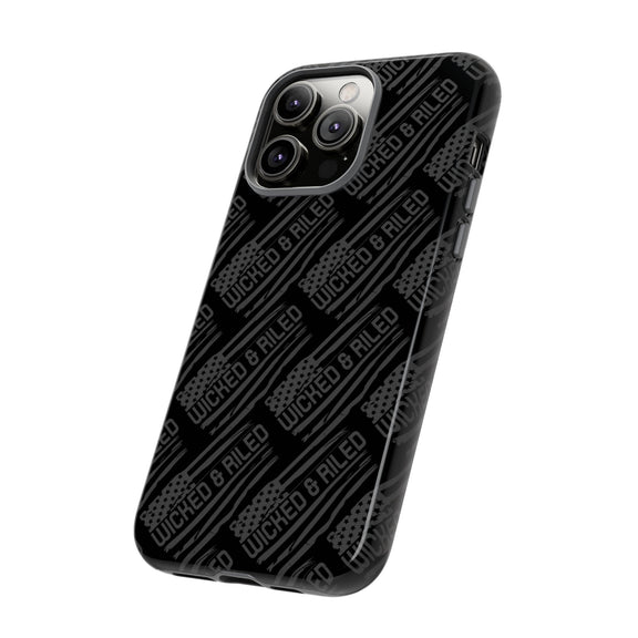 Rugged black protective phone case by Printify featuring a textured 'TOUGH CASES' pattern for enhanced grip and durability.