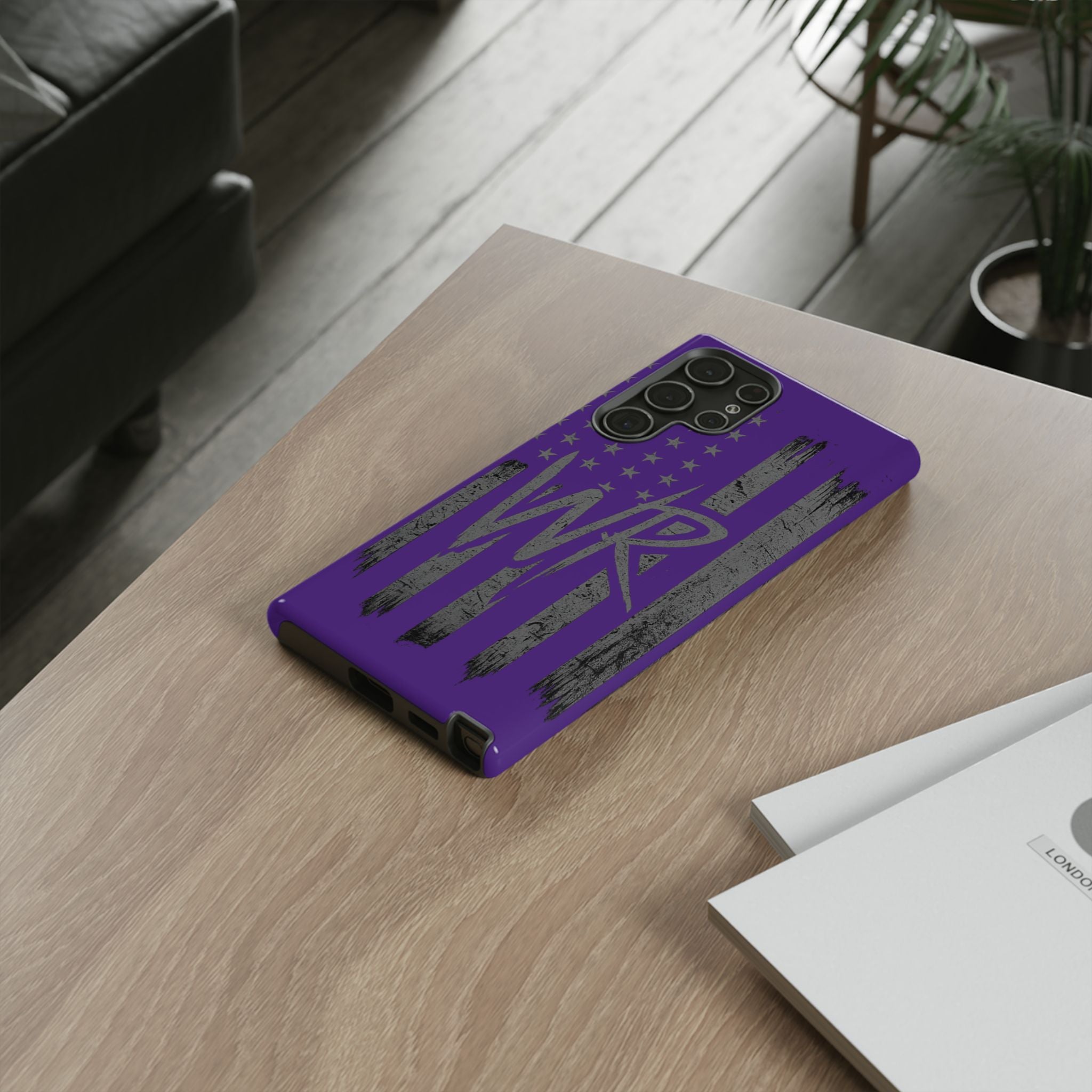 Purple 'WR' flag design on a tough phone case by Printify, showcasing durability and style.
