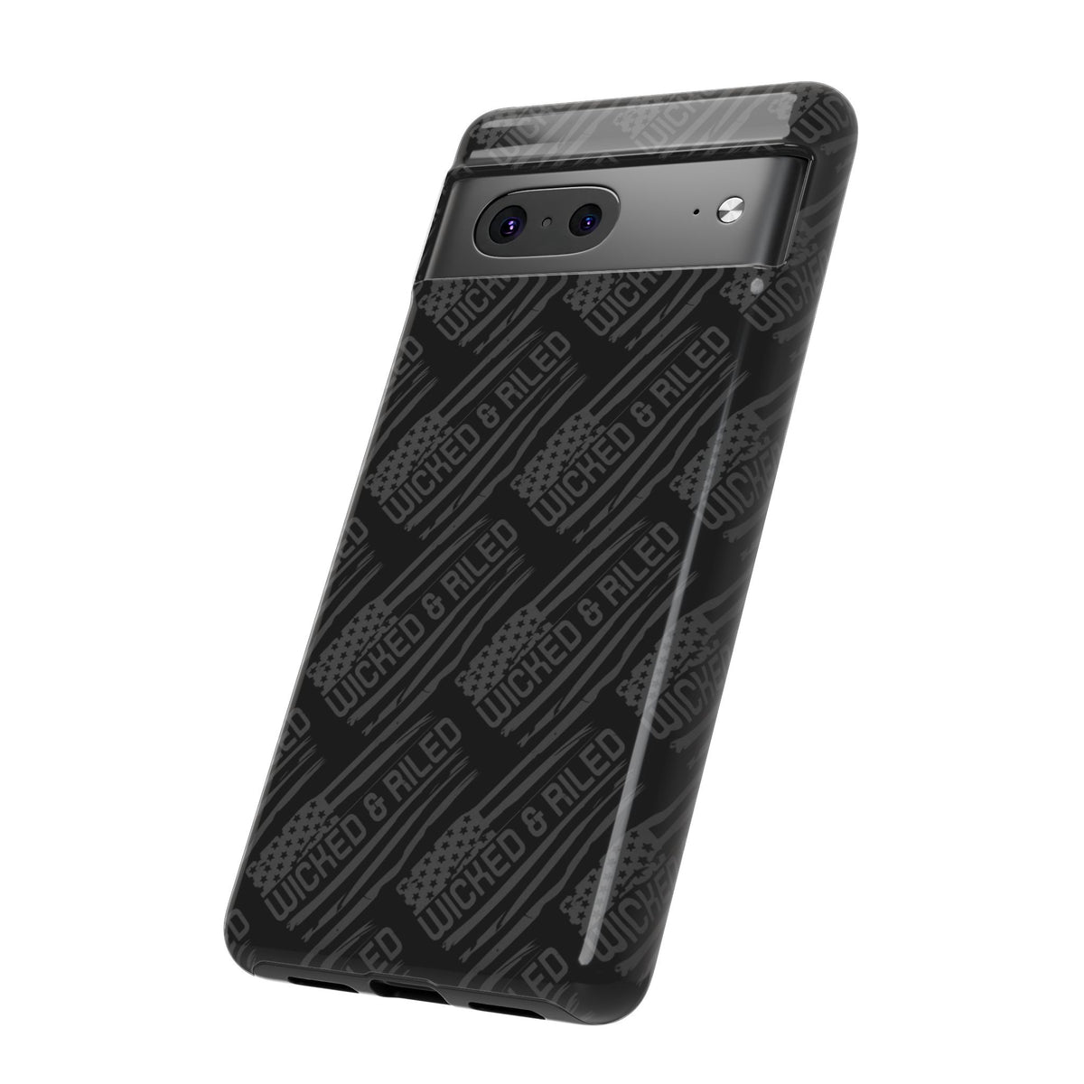 Rugged black protective phone case by Printify featuring a textured "TOUGH CASES" pattern.