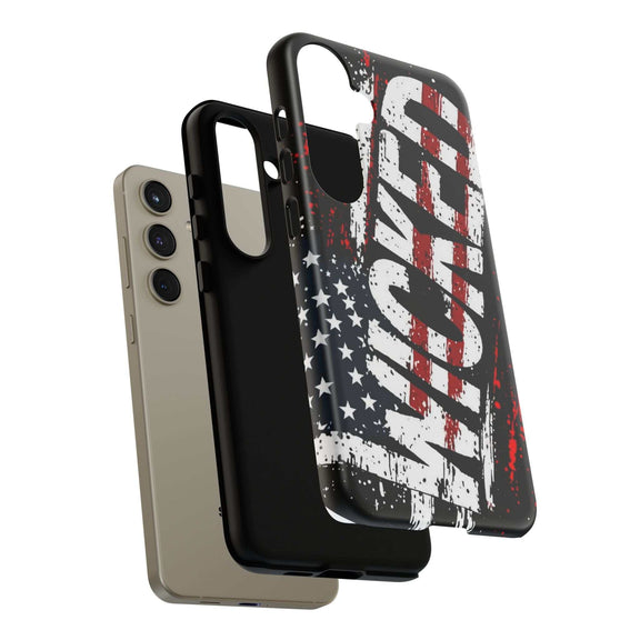Distressed American flag phone case with "VETERAN" graphic, showcasing rugged patriotic design by Printify.