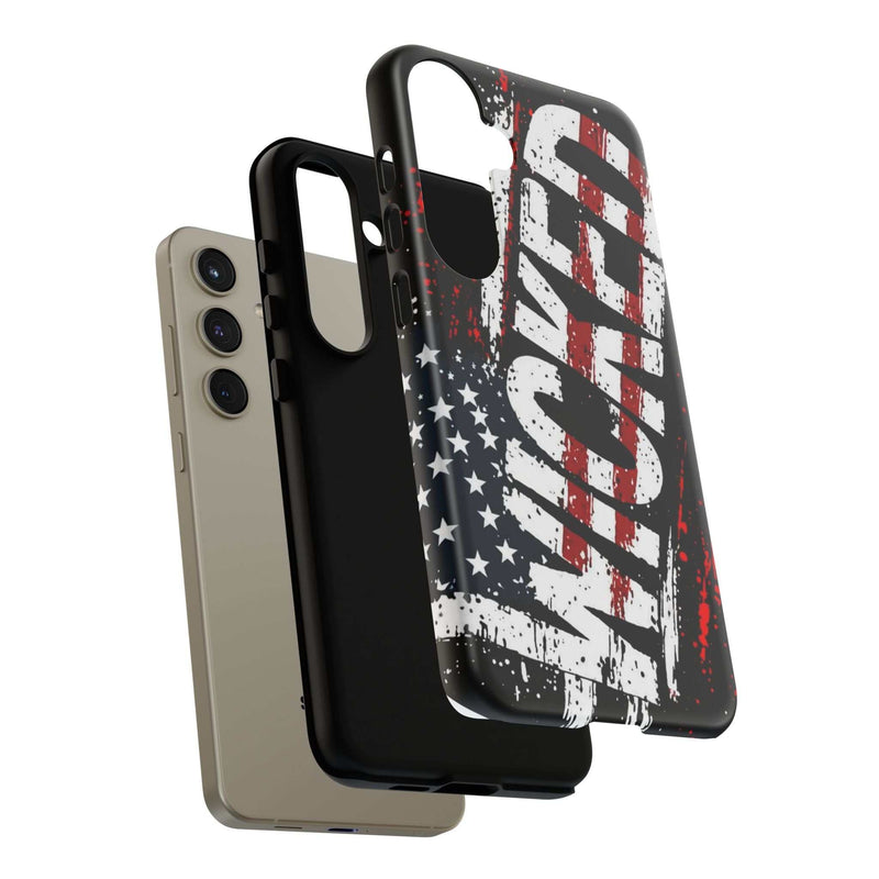 Distressed American flag phone case with "VETERAN" graphic, showcasing rugged patriotic design by Printify.
