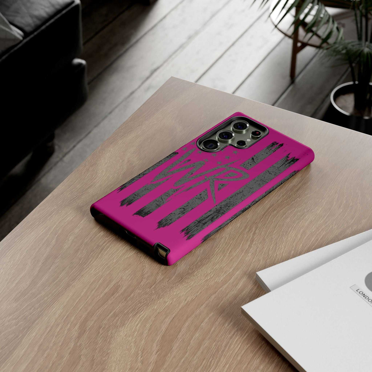 Pink 'WR' Flag Tough Phone Case by Printify with a durable design and vibrant flag pattern.