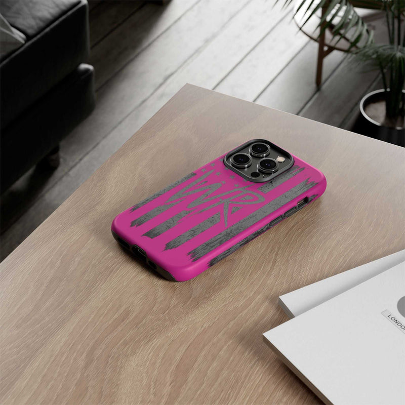 Pink 'WR' Flag Tough Phone Case by Printify with durable protection and vibrant flag design for smartphones.