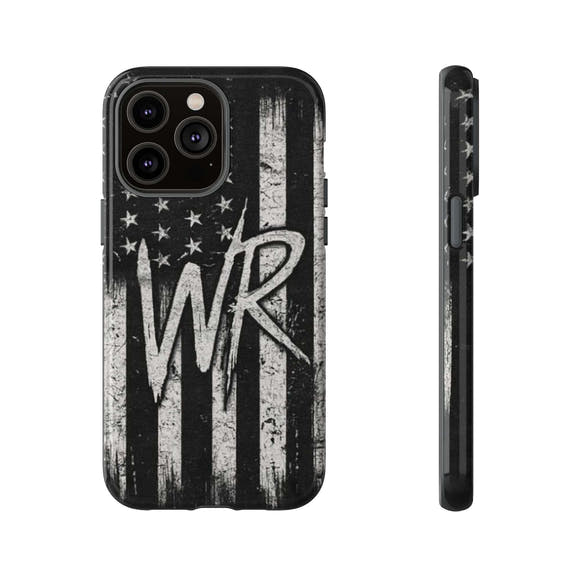 Distressed American flag phone case featuring WR monogram, designed by Printify for tough protection.