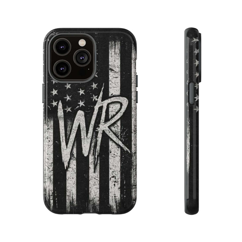 Distressed American flag phone case featuring WR monogram, designed by Printify for tough protection.