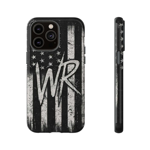 Distressed American flag phone case featuring WR monogram, designed by Printify for tough protection.