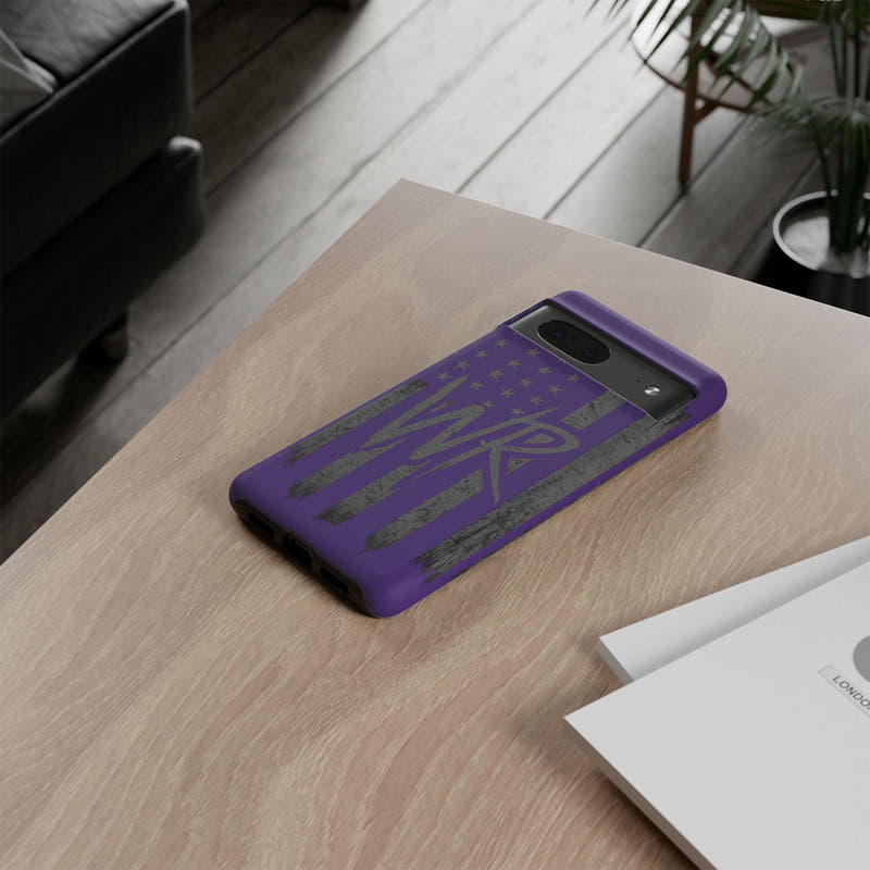 Purple 'WR' flag tough phone case by Printify, showcasing durable design and vibrant colors against a neutral background.