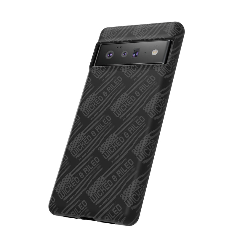 Rugged black protective phone case by Printify featuring a "TOUGH CASES" text pattern in a textured design.