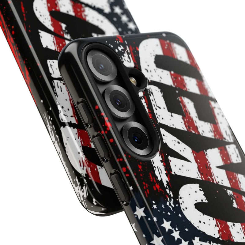 Distressed American flag phone case with "VETERAN" graphic, offering rugged protection by Printify.