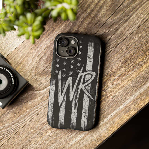 Distressed American flag design on a tough phone case featuring a monogram with the initials WR by Printify.