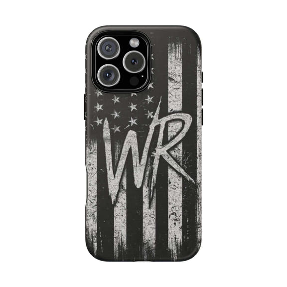 Distressed American flag design on a tough phone case featuring WR monogram by Printify.