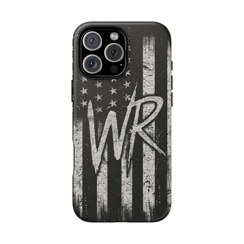 Distressed American flag design on a tough phone case featuring WR monogram by Printify.