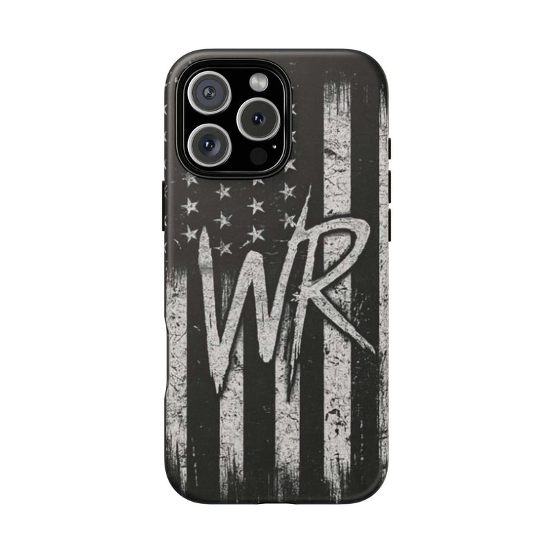 Distressed American flag design on a tough phone case featuring WR monogram by Printify.