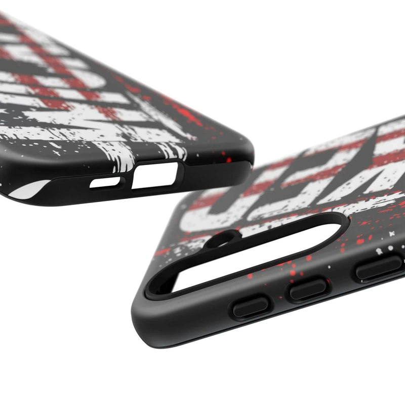 Distressed American flag phone case with "VETERAN" graphic by Printify, showcasing rugged patriotic design.