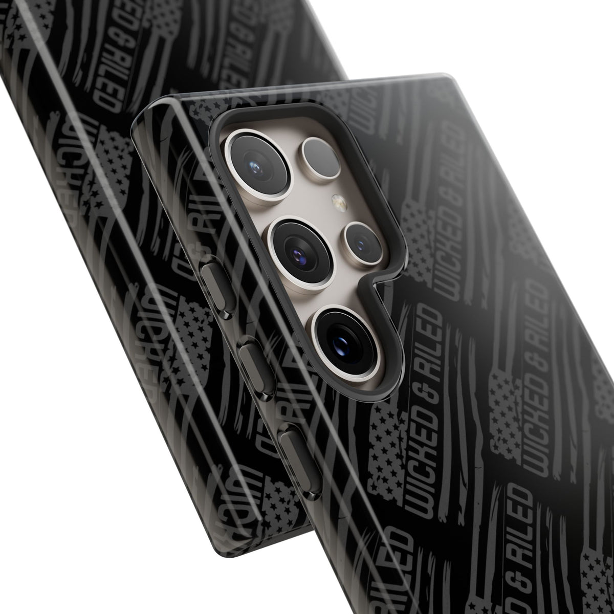 Rugged black protective phone case by Printify with a textured TOUGH CASES pattern and durable design.