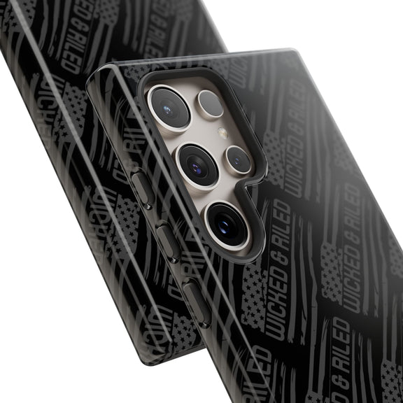 Rugged black protective phone case by Printify with a textured TOUGH CASES pattern and durable design.
