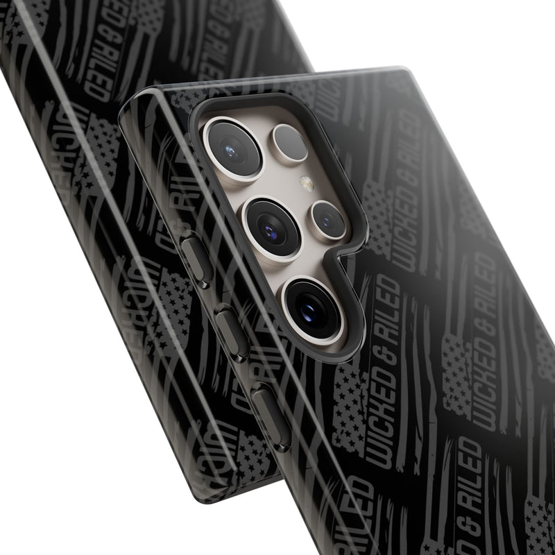 Rugged black protective phone case by Printify with a textured TOUGH CASES pattern and durable design.