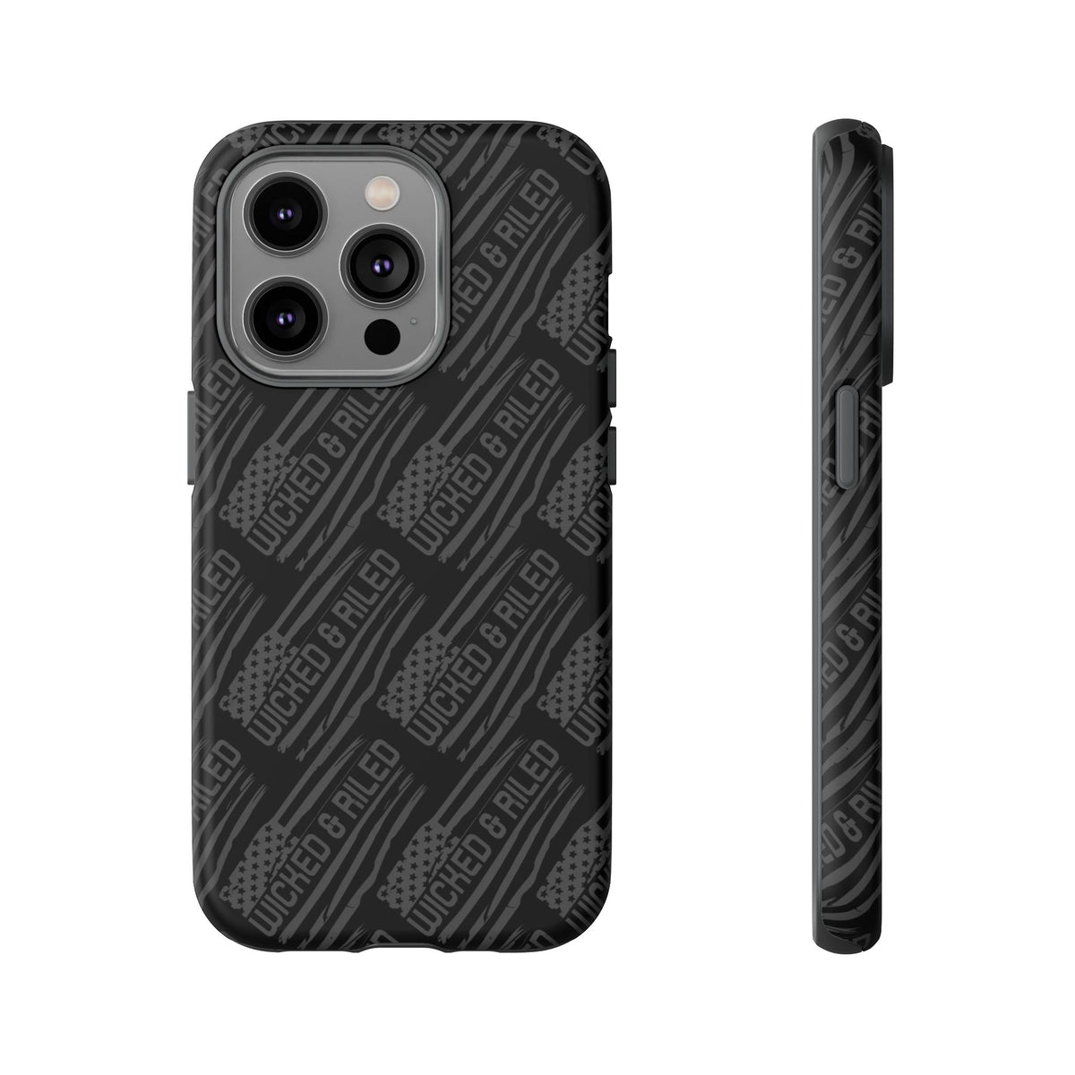 Rugged black protective phone case by Printify featuring a "TOUGH CASES" text pattern for ultimate durability.