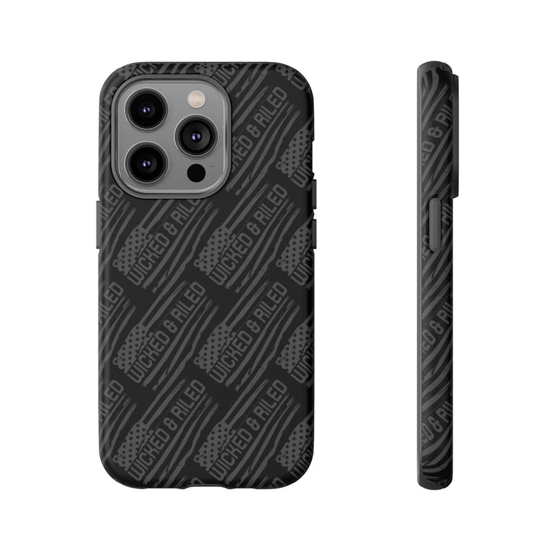 Rugged black protective phone case by Printify featuring a "TOUGH CASES" text pattern for ultimate durability.