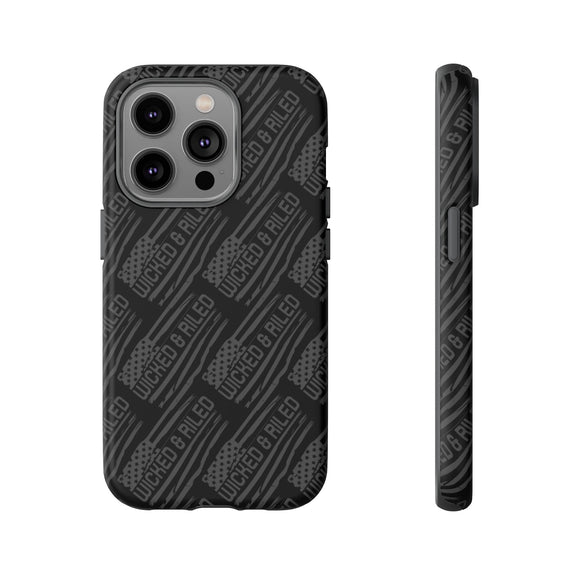 Rugged black protective phone case by Printify featuring a "TOUGH CASES" text pattern for ultimate durability.