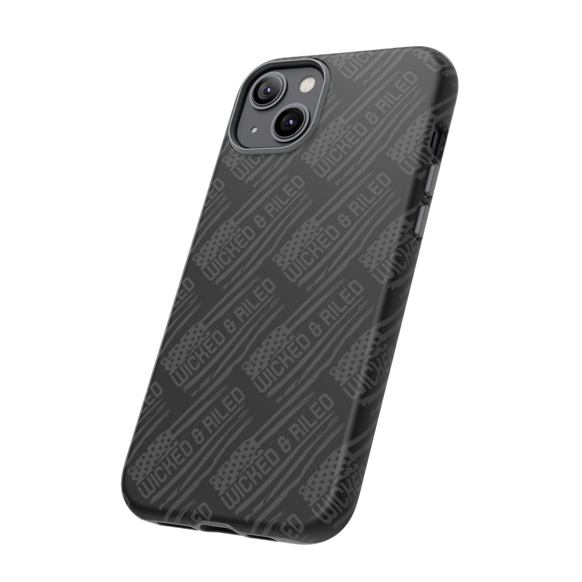 Rugged black protective phone case by Printify with a textured "TOUGH CASES" pattern, showcasing durability and style.