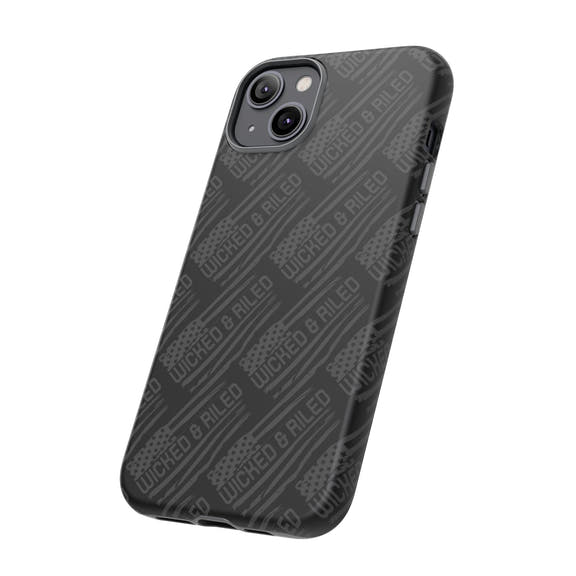 Rugged black protective phone case by Printify with a textured "TOUGH CASES" pattern, showcasing durability and style.
