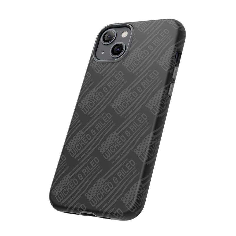 Rugged black protective phone case by Printify with a textured "TOUGH CASES" pattern, showcasing durability and style.