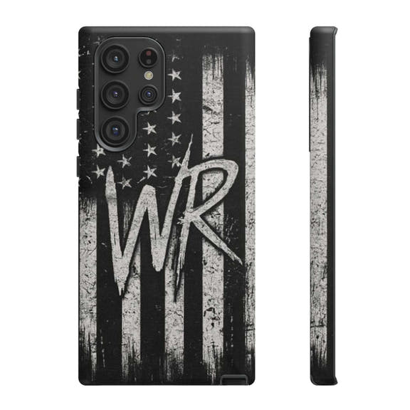 Distressed American flag design on a tough phone case featuring a monogram WR by Printify.