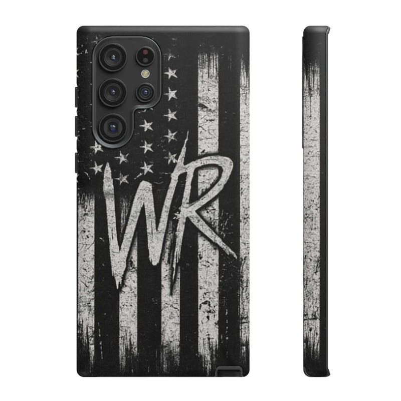 Distressed American flag design on a tough phone case featuring a monogram WR by Printify.