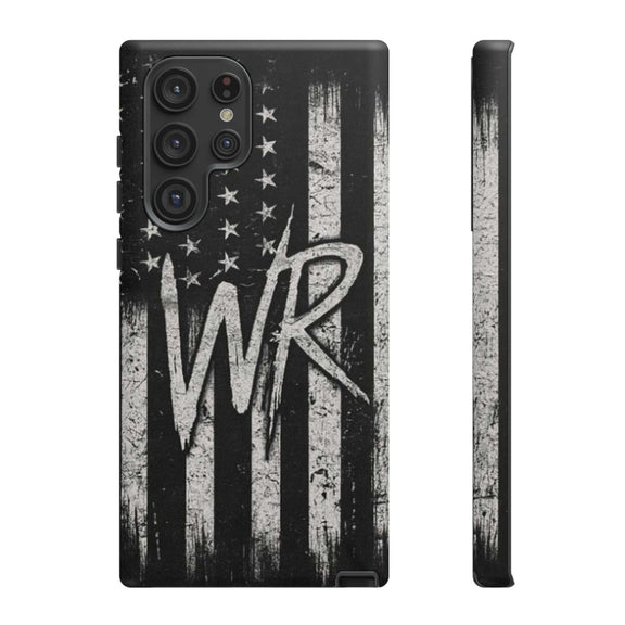 Distressed American flag design on a tough phone case featuring a monogram WR by Printify.
