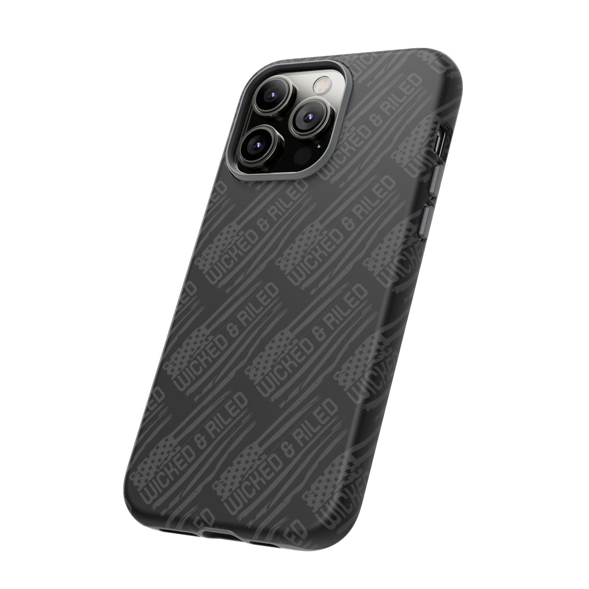 Rugged black protective phone case by Printify with a textured "TOUGH CASES" pattern for enhanced grip and durability.