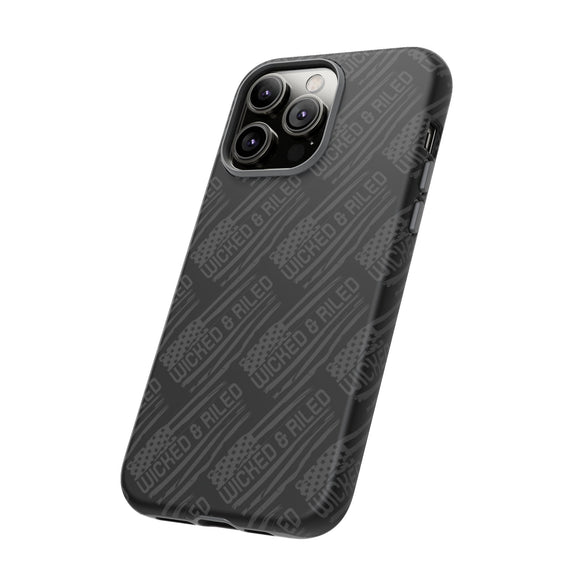 Rugged black protective phone case by Printify with a textured "TOUGH CASES" pattern for enhanced grip and durability.