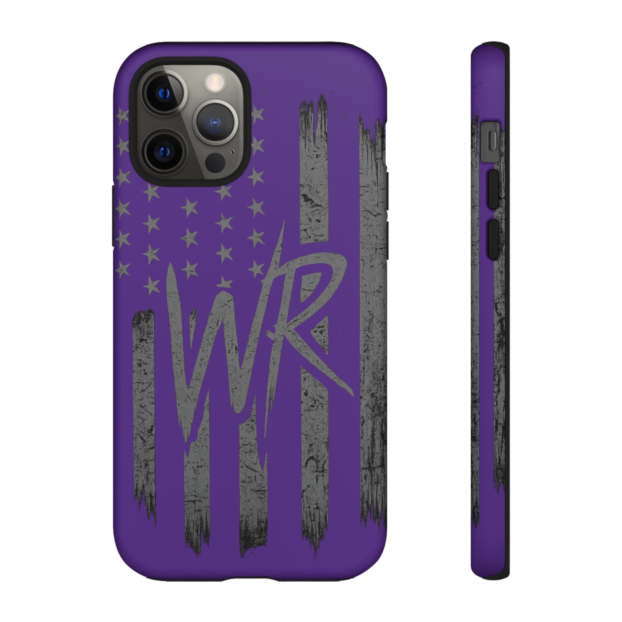 Purple 'WR' flag tough phone case by Printify with durable design and vibrant colors displayed on a textured surface.