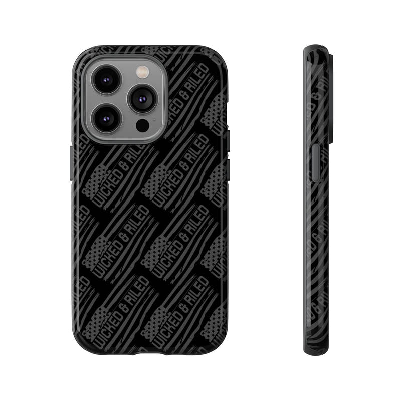 Rugged black protective phone case by Printify with a textured "TOUGH CASES" pattern.