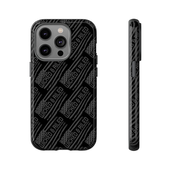 Rugged black protective phone case by Printify with a textured "TOUGH CASES" pattern.