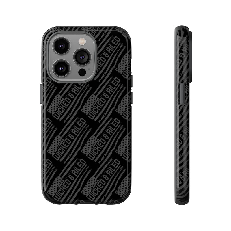 Rugged black protective phone case by Printify with a textured "TOUGH CASES" pattern.